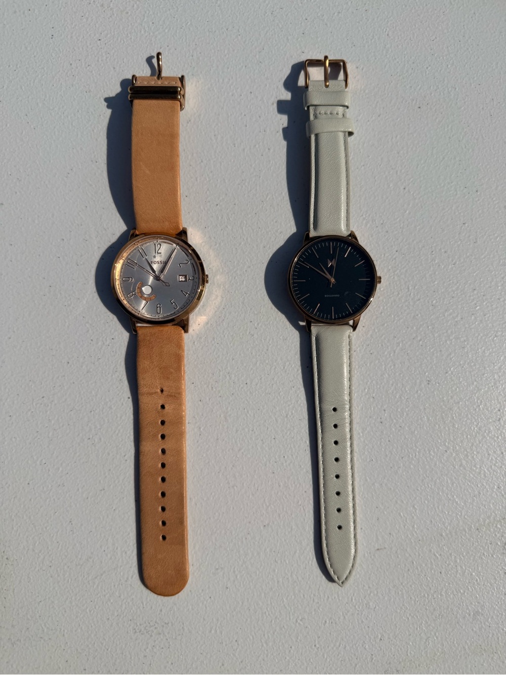 Fossil Dual Watch Set - Tan and Light Gray Leather Straps with Rose Gold Cases